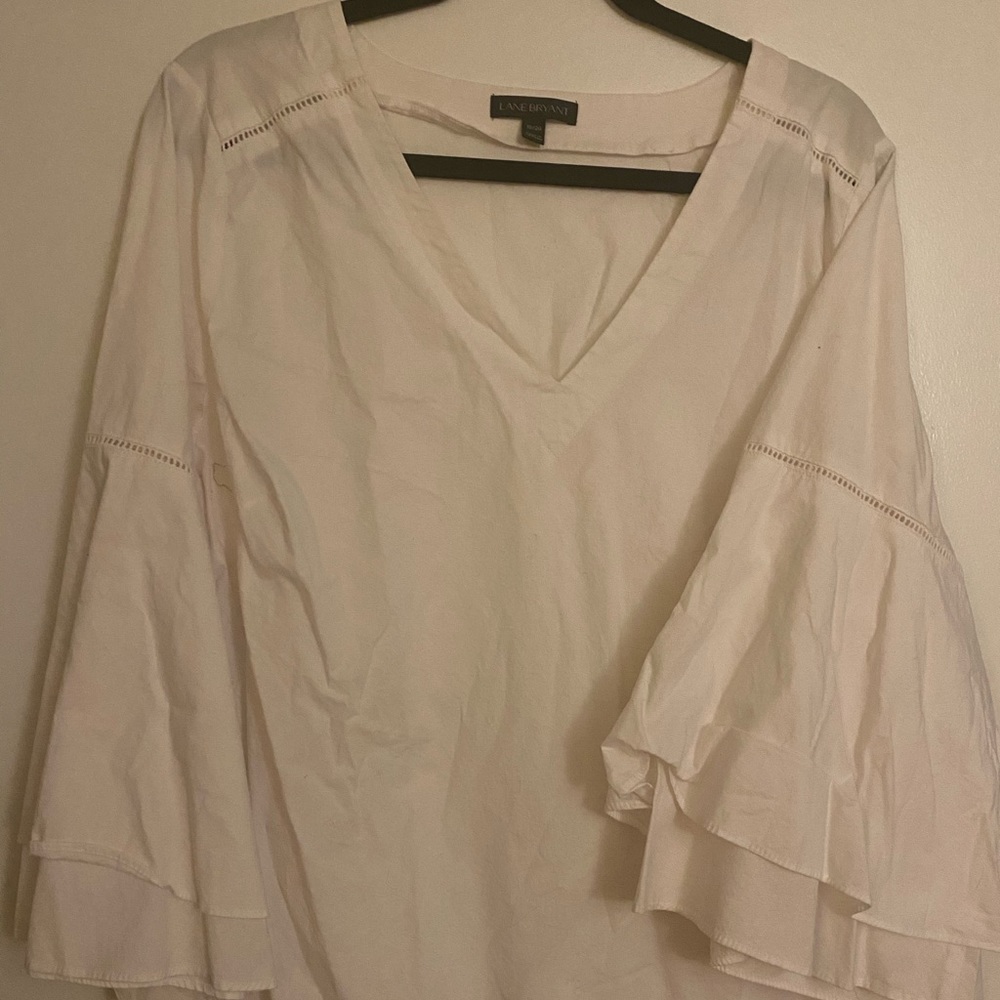 Lane Bryant bell sleeve white cotton blouse